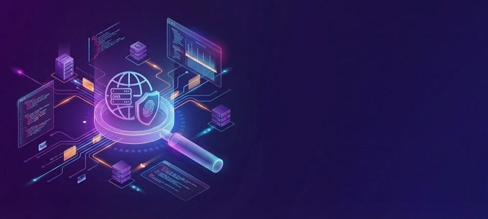 Auditoría Forense de Infraestructura DNS Ilustración de escaneo de seguridad DNS y detección de vulnerabilidades para implementación DMARC.