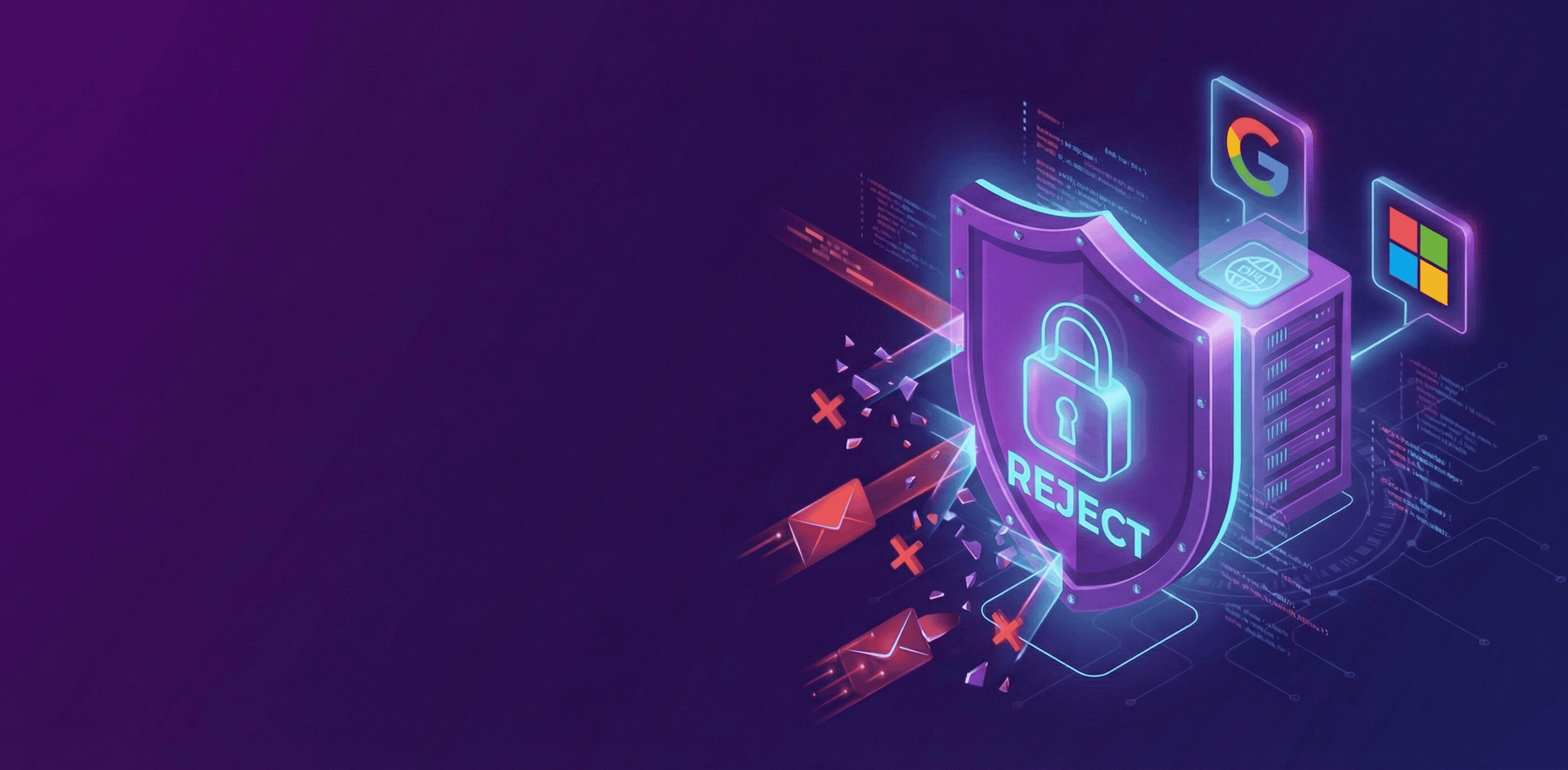 Política DMARC p=reject y Protección de Dominio Escudo de ciberseguridad 3D con la etiqueta "REJECT" bloqueando intentos de suplantación. Representación visual del blindaje de identidad en infraestructuras de Google Workspace y Microsoft 365.